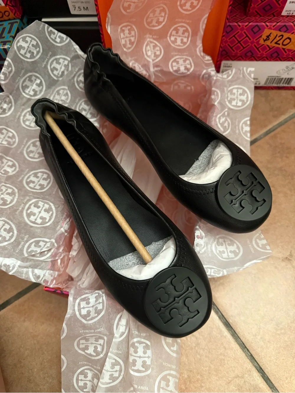 Tory Burch Black Leather Logo Round-Toe Ballet Flats